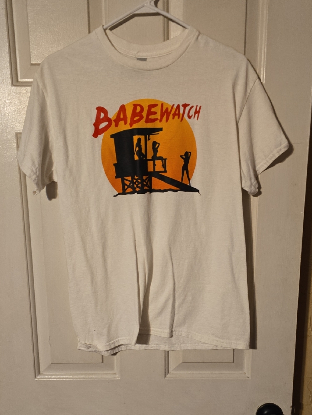 Gildan White Short Sleeve 'BABEWATCH' Graphic Tee with Orange & Red Print